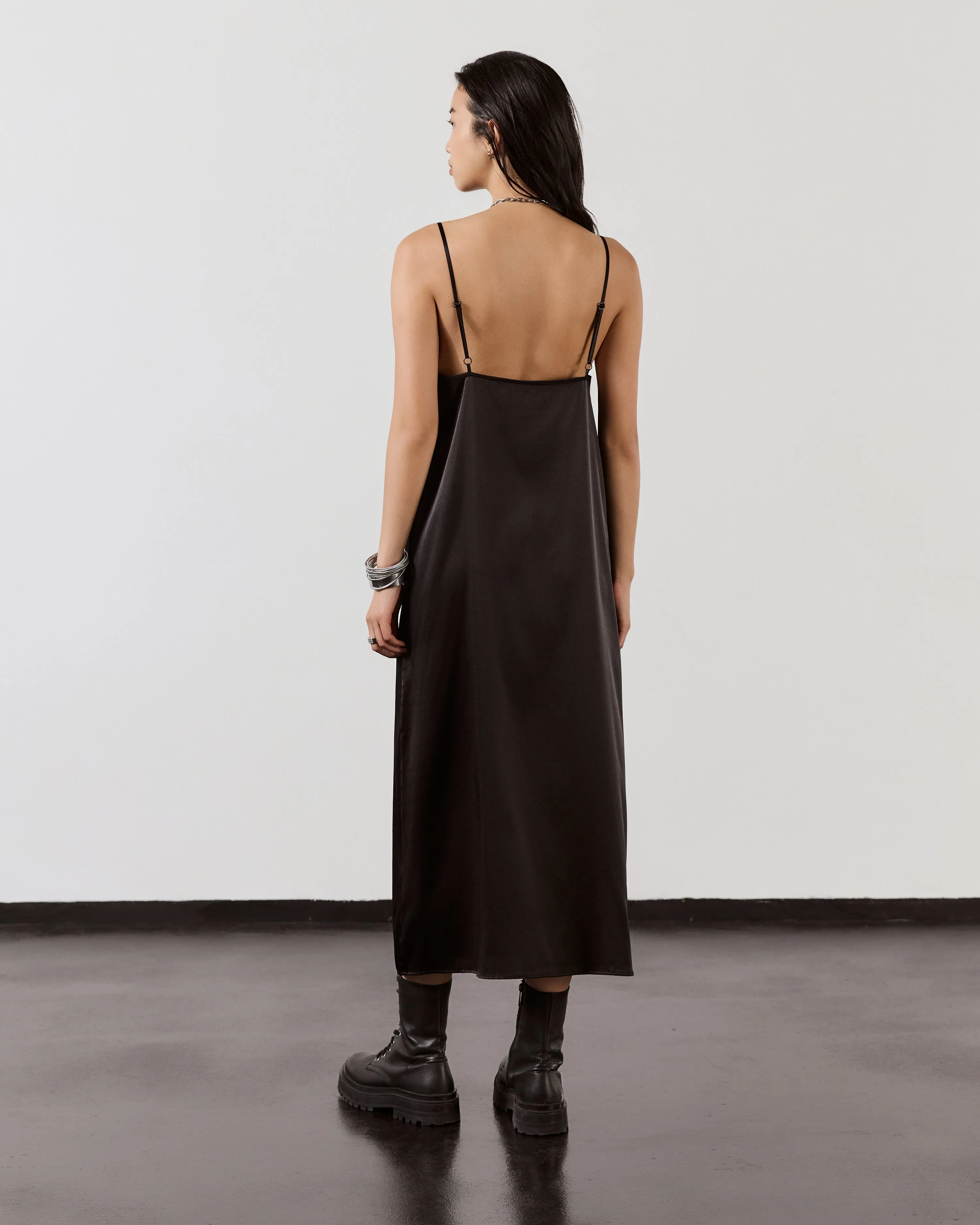 The Black Long Silk Slip Dress