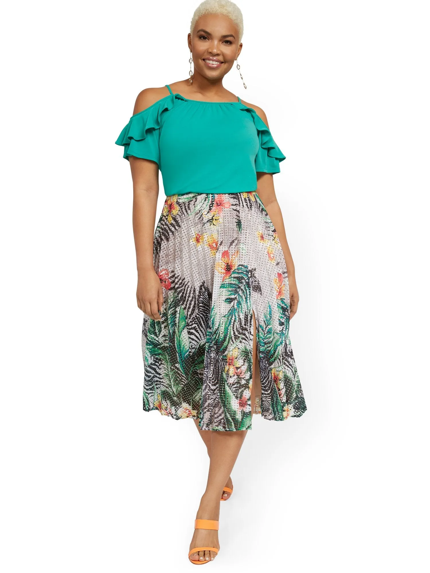 Tropical-Print Pleated Skirt