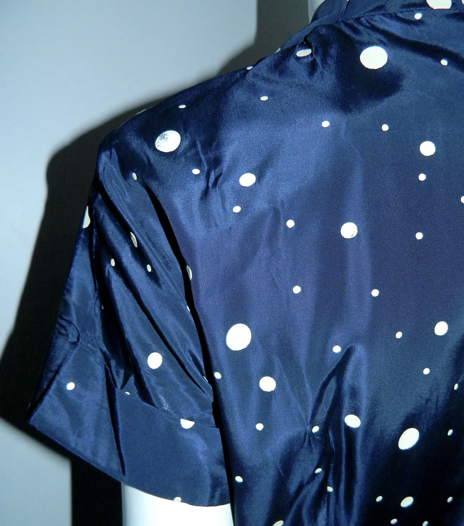 vintage 1950s blue polka dot dress / circle skirt / rhinestone buttons / New Look party frock