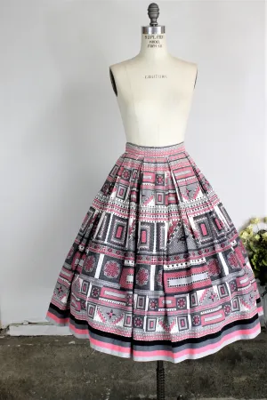 Vintage 1950s Full Skirt Novelty Print in Pink Black Gray And White Cotton