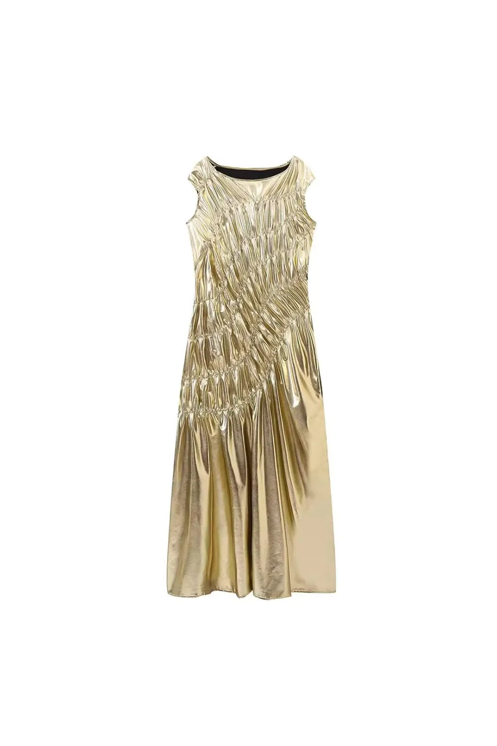 'Violet' Fitted Metallic Pleated Sleeveless Mid-calf Dress