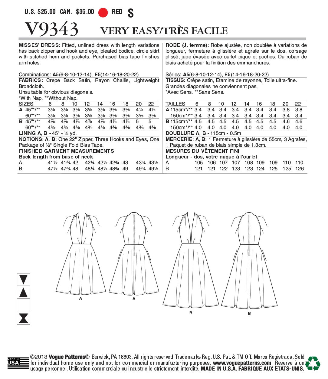 Vogue Pattern V9343 Misses' Dress