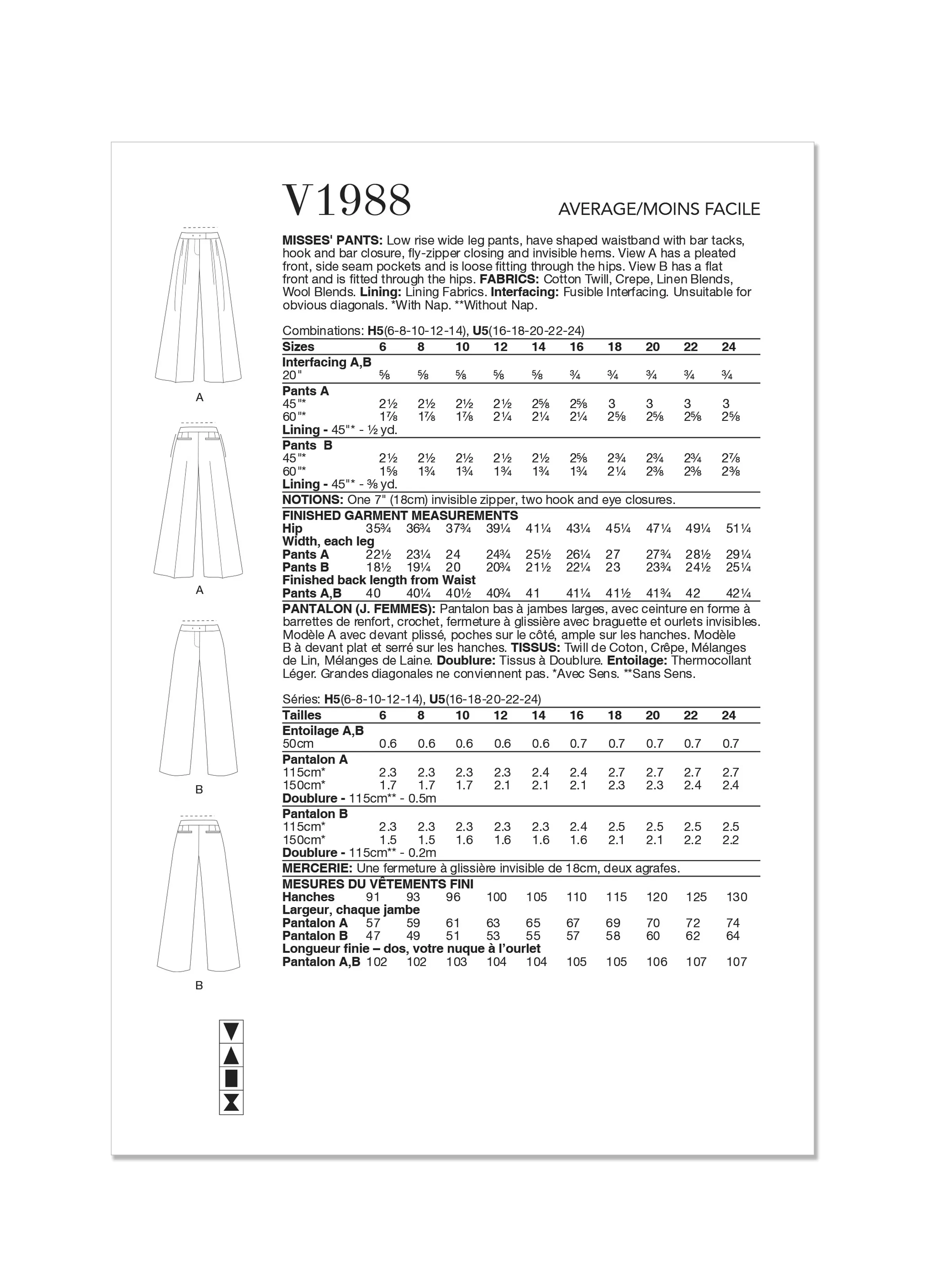 Voguepattern V1988 Misses' Skirt/Pants