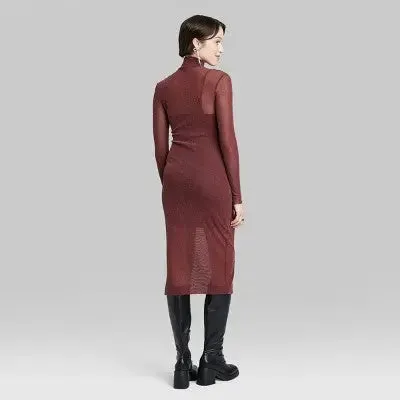 Wild Fable Women's Turtleneck Mesh Midi Dress Long Sleeve