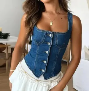 Women Denim Tank Tops Solid Color Square Neck Buttons Casual Vest Tank Y2k Top