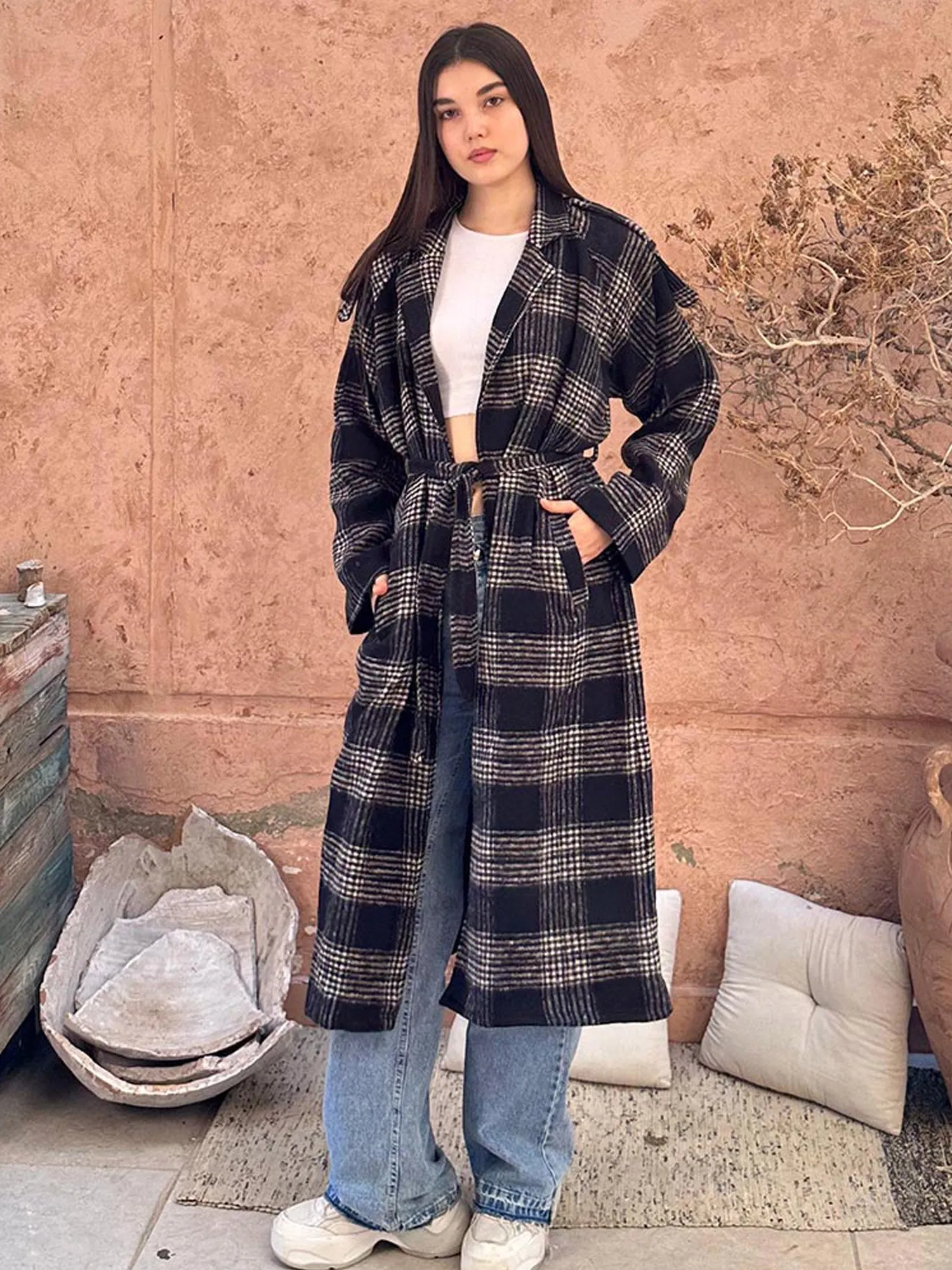 Wool Checked Belted Trench Coat - Leocansa