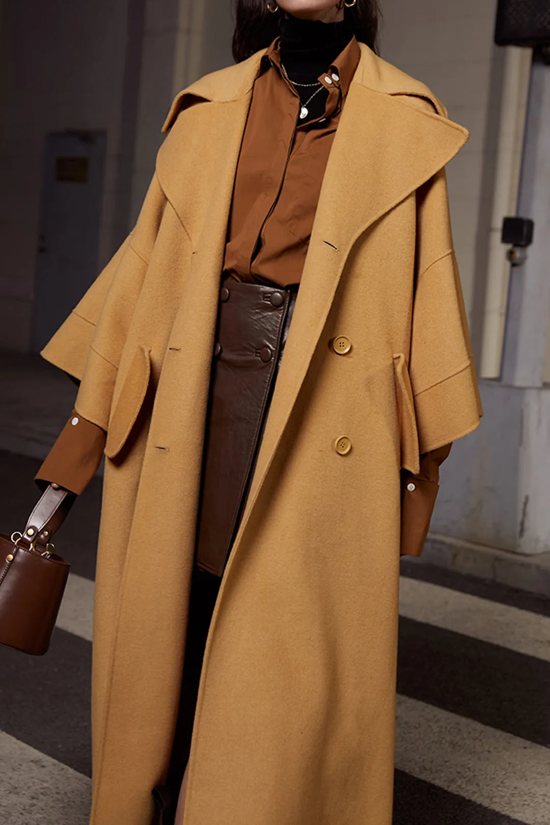 Wool coat with large cuffs | Gardenia yellow double-sided coat | Commuter double-sided wool coat