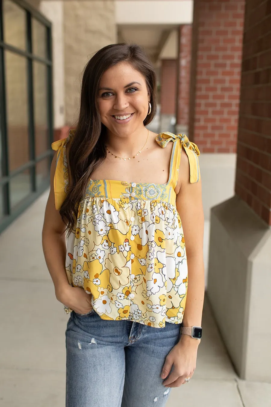 Yellow Floral Boho Tie Strap Tank (SM-XL)