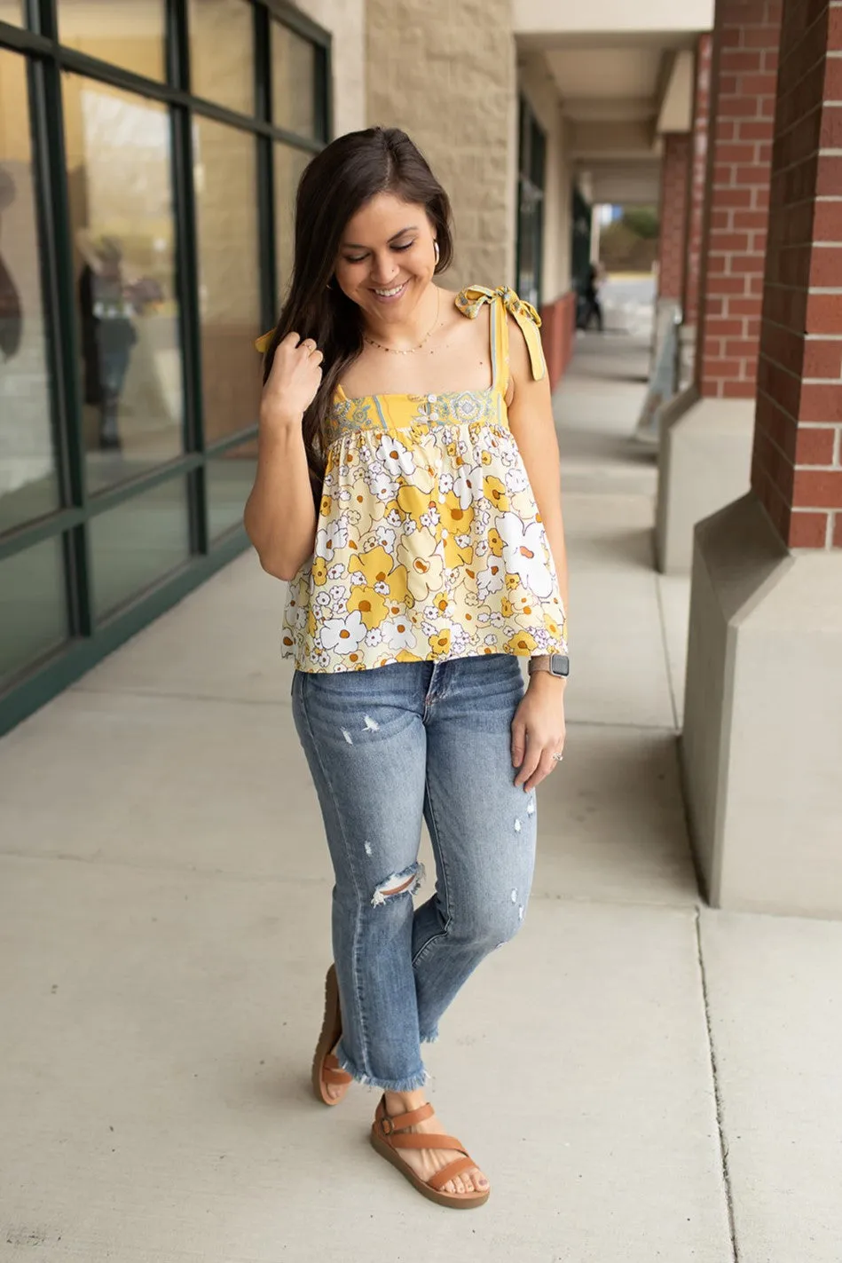 Yellow Floral Boho Tie Strap Tank (SM-XL)