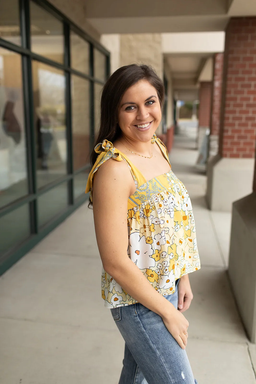 Yellow Floral Boho Tie Strap Tank (SM-XL)