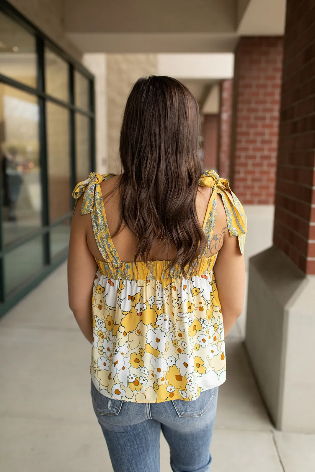 Yellow Floral Boho Tie Strap Tank (SM-XL)