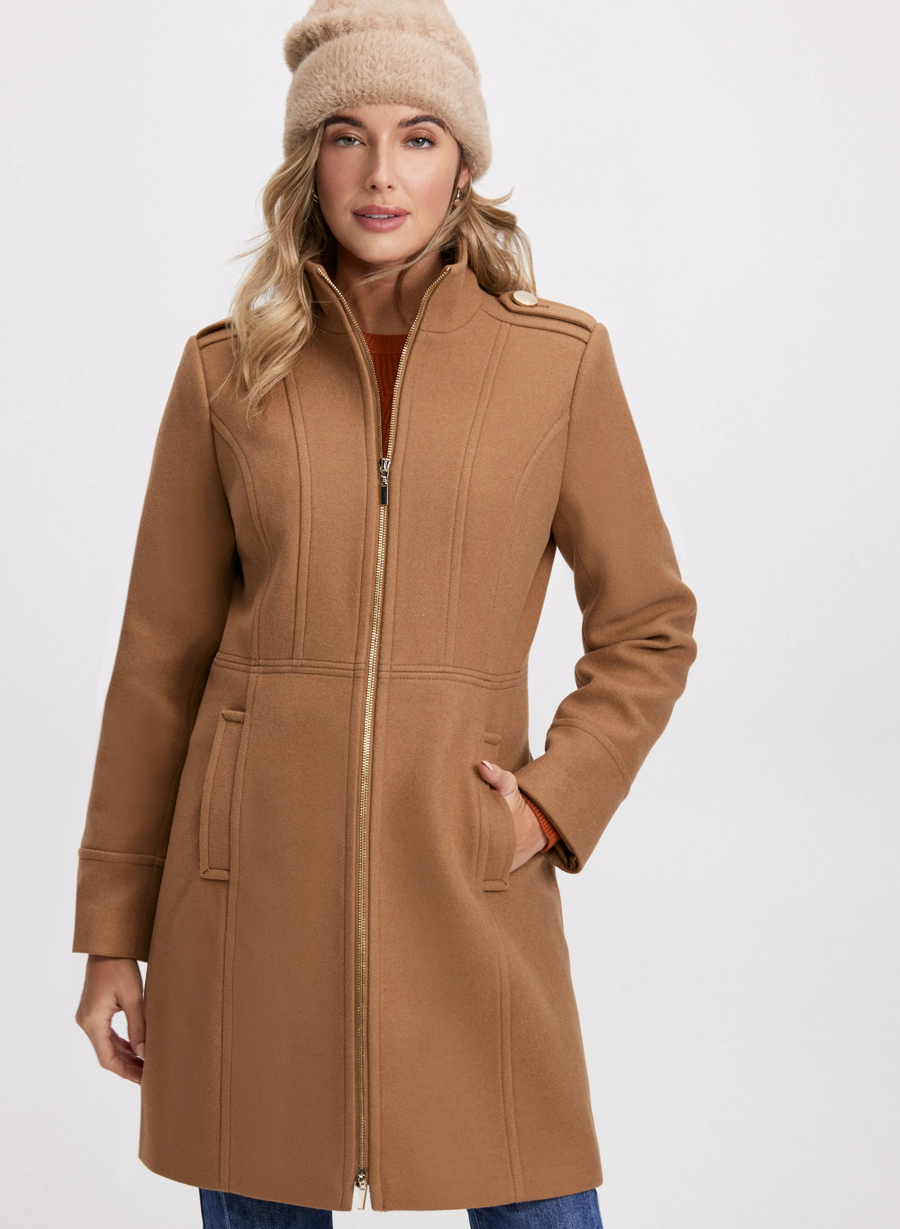 Zip Front Wool-Blend Coat